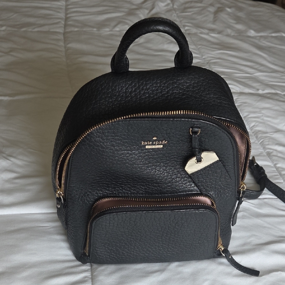 kate spade Black Pebbled Leather Mini Backpack with Gold Accents - Picture 1 of 5